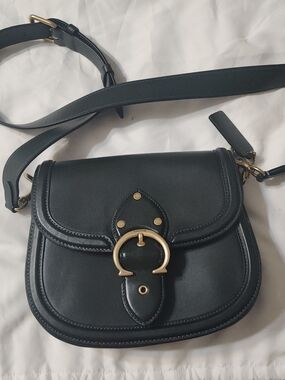 Coach Dark Green Leather Saddle Crossbody with Gold Buckle